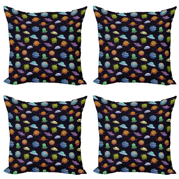 Ambesonne Space Throw Pillow Cover 4 Pack, UFOs and Abstract Planet, 18", Multicolor