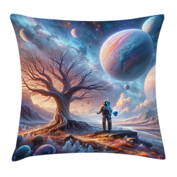 Ambesonne Space Throw Pillow Cushion Cover, Lonely Astronaut Soft Planet, 36" X 36", Blue Pale Orange Mauve