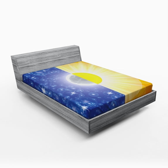 Ambesonne Space View Fitted Sheet, Sun Beams Sky Stars, Queen Size, Blue Yellow