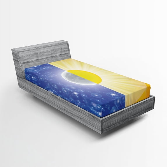 Ambesonne Space View Fitted Sheet, Sun Beams Sky Stars, Twin Size, Blue Yellow