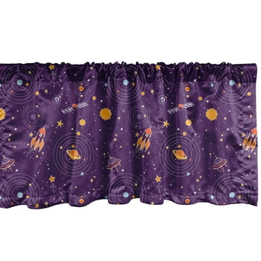 Ambesonne Space Window Valance, Galaxy Elements Cartoon Style, 54" X 18", Dark Purple Multicolor