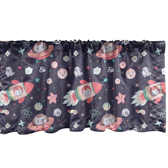 Ambesonne Space Window Valance, Kawaii Cat in a Rocket Stars, 54" X 12", Multicolor