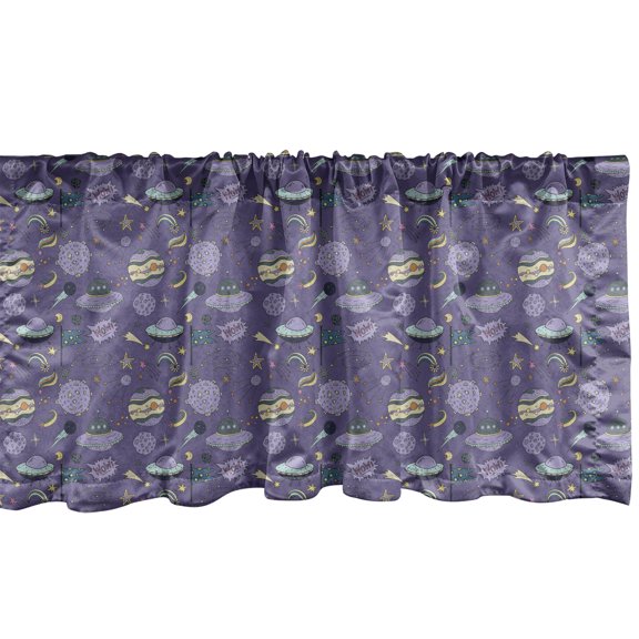 Ambesonne Space Window Valance, Minimalist UFOs Flags Moons, 42" x 12", Blue Violet and Pale Mustard