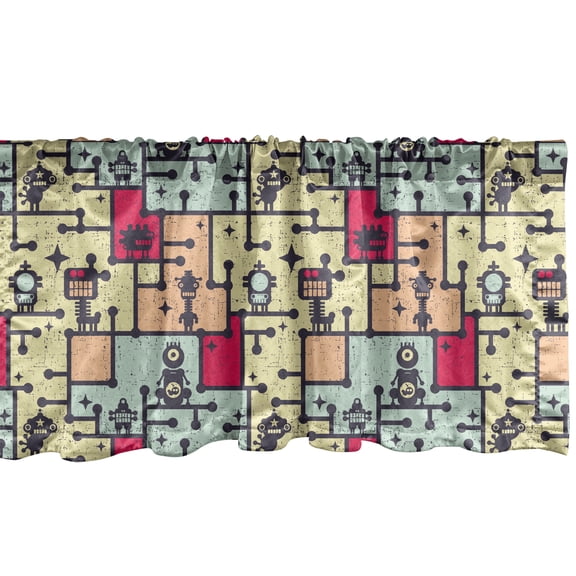 Ambesonne Space Window Valance, Robots on Grid Squares, 54" X 18", Multicolor