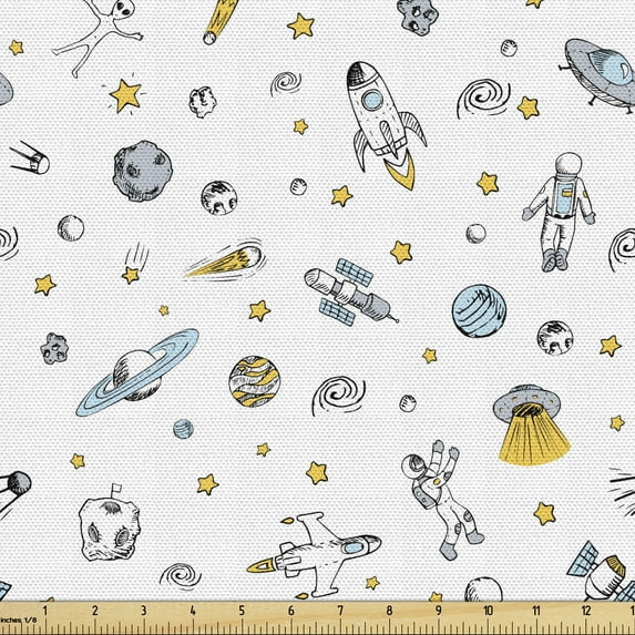Ambesonne Spaceship Fabric by the Yard Upholstery, Cosmos Themed Doodle, 3 Yards, Pale Blue Grey Black
