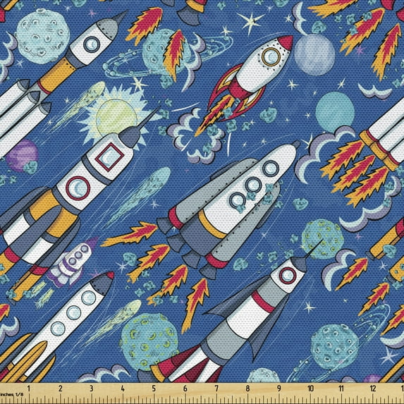 Ambesonne Spaceship Fabric by the Yard Upholstery, Outer Space Exploration, 1 Yard, Multicolor