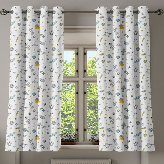 Ambesonne Spaceship Grommet Curtain, Cosmos Themed Doodle, 50" x 54", Pale Blue Grey Black