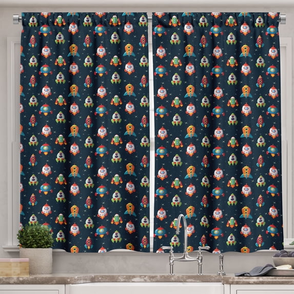 Ambesonne Spaceship Kitchen Curtains, Cartoon Style Space, 55"x39", Multicolor