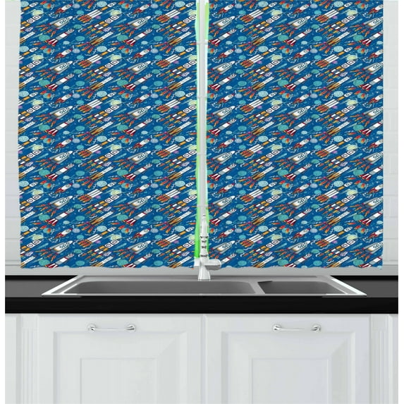 Ambesonne Spaceship Kitchen Curtains, Outer Space Exploration, 55"x39", Multicolor