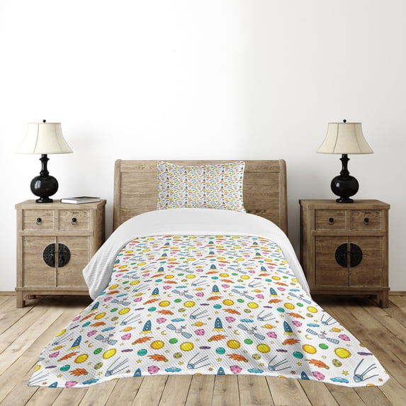 Ambesonne Spaceship Quilted Bedspread Set 2 Pcs, Cartoon Shooting Star, Twin Size, Multicolor