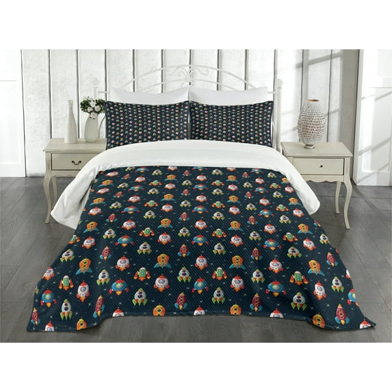 Ambesonne Spaceship Quilted Bedspread Set 3 Pcs, Cartoon Style Space, Queen Size, Multicolor