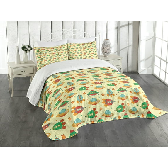Ambesonne Spaceship Quilted Bedspread Set 3 Pcs, Rockets in Universe, King Size, Multicolor