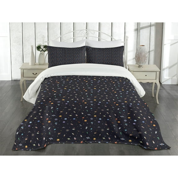 Ambesonne Spaceship Quilted Bedspread Set 3 Pcs, Stars Aliens Planets, King Size, Multicolor
