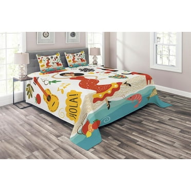 Ambesonne Spain Quilted Coverlet 3 Pcs, Bull Guitar and Dancer, Queen Size, Multicolor