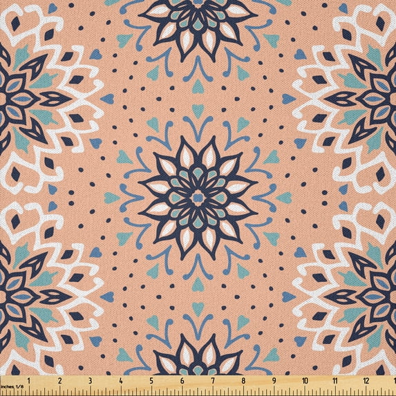 Ambesonne Spanish Fabric by the Yard Microfiber, Folk Ethnic Flowers Art, 1 Yard, Peach Blue Grey and Pale Teal