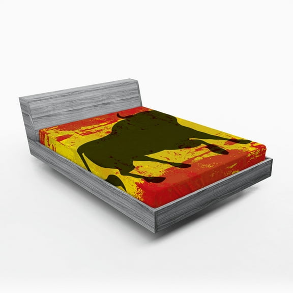 Ambesonne Spanish Fitted Sheet, Bull Silhouette on Flag, Full Size, Vermilion Yellow Umber