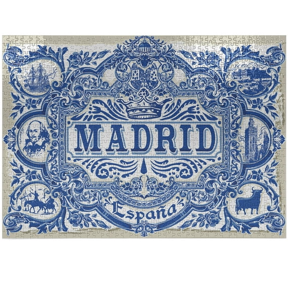 Ambesonne Spanish Jigsaw Puzzle Durable Cardboard, Madrid Calligraphy Tile, 1000 pcs, Navy Blue White Eggshell