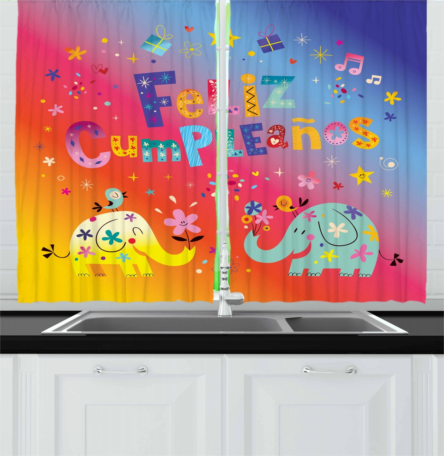 Ambesonne Spanish Kitchen Curtains, Feliz Cumpleanos Party, 55"x39 ...