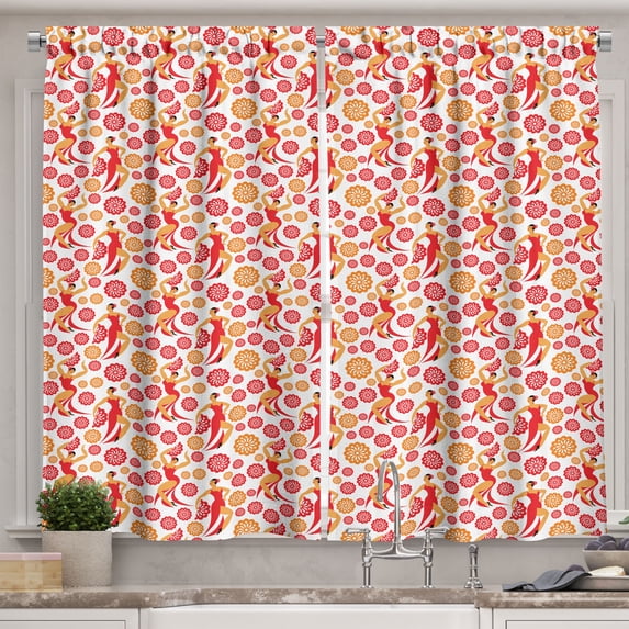 Ambesonne Spanish Kitchen Curtains, Flamenco Dancers Ethnic, 55"x45", Vermilion Pale Orange