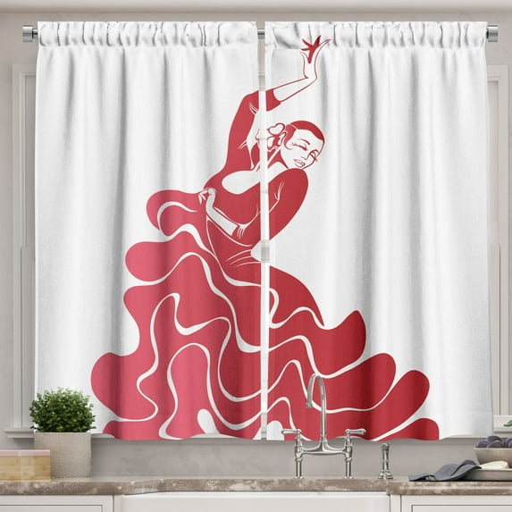 Ambesonne Spanish Kitchen Curtains, Flamenco Performance, 55"x39", Dark Coral Red White