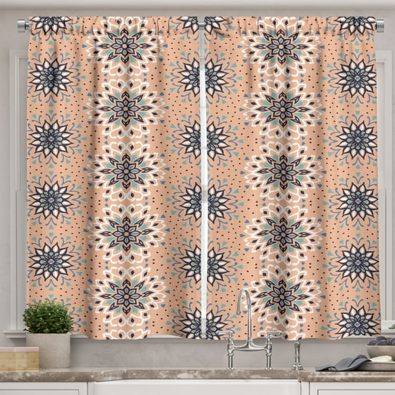 Ambesonne Spanish Kitchen Curtains, Folk Ethnic Flowers Art, 55"x45", Peach Blue Grey and Pale Teal