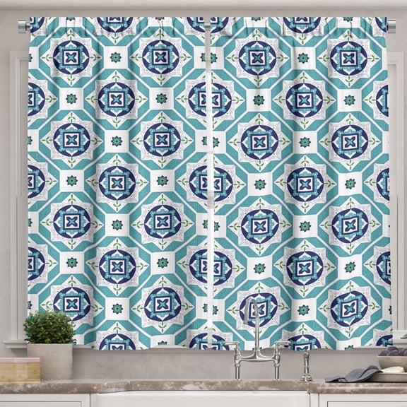 Ambesonne Spanish Kitchen Curtains, Geometric Moroccan Tile, 55"x45", Pale Blue Navy Blue