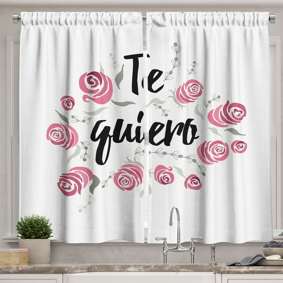 Ambesonne Spanish Kitchen Curtains, Te Quiero Rose Flower, 55"x39", Pink Black White