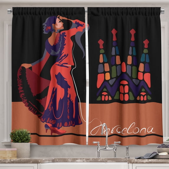 Ambesonne Spanish Kitchen Curtains, Traditonal Dancer Woman, 55"x39", Multicolor