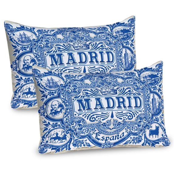 Ambesonne Spanish Pillow Sham 2 Pack, Madrid Calligraphy Tile, 26"x20", Navy Blue White Eggshell