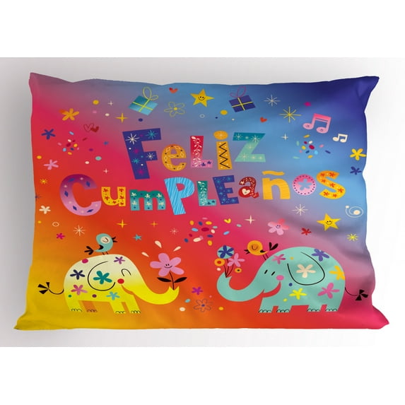 Ambesonne Spanish Pillow Sham, Feliz Cumpleanos Party, 26" X 20", Multicolor