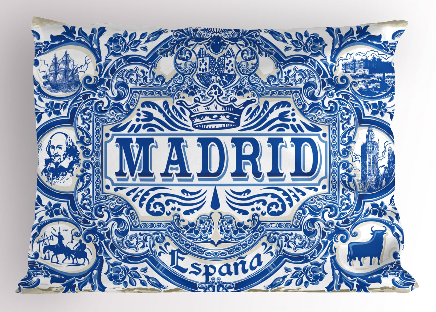 Ambesonne Spanish Pillow Sham, Madrid Calligraphy Tile, 26" X 20", Navy