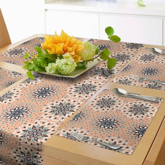 Ambesonne Spanish Table Runner & Placemats, Folk Ethnic Flowers Art, Placemat 4 pcs + Runner 16"x90", Peach Blue Grey and Pale Teal