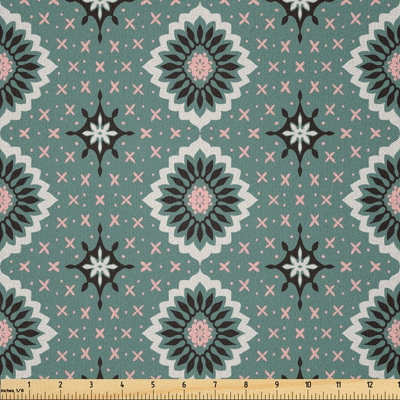 Ambesonne Spanish Tile Fabric by the Yard Microfiber, Vintage Shapes Flowers, 1 Yard, Blush and Peacock Green