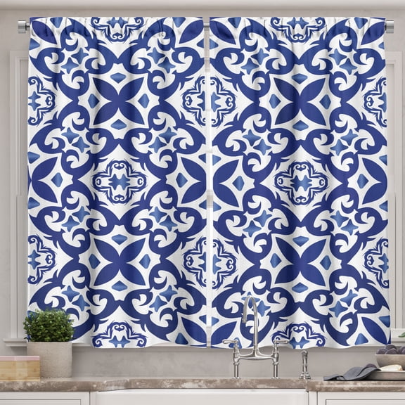 Ambesonne Spanish Tile Kitchen Curtains, Mediterranean Florals, 55"x36", Lavender Blue Indigo