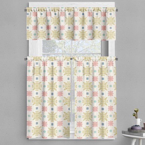 Ambesonne Spanish Tile Valance & Curtain, Ethnic Snowflake Motif, 55"x36", Ivory Coral and Fawn
