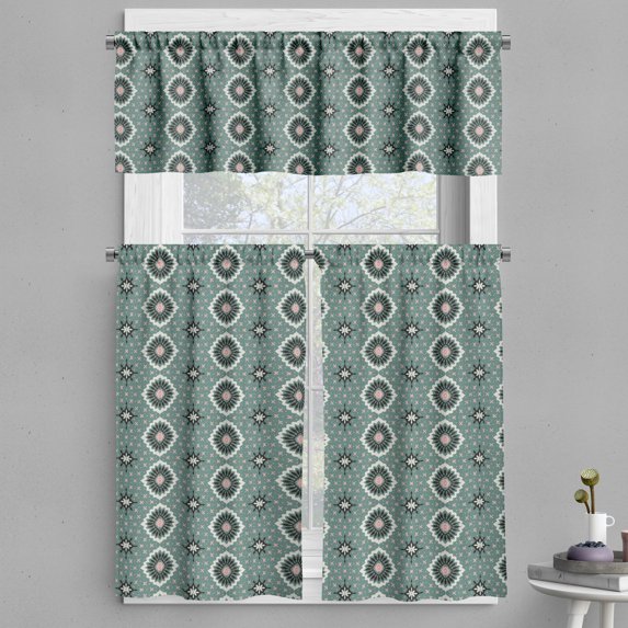 Ambesonne Spanish Tile Valance & Curtain, Vintage Shapes Flowers, 55"x45", Blush and Peacock Green