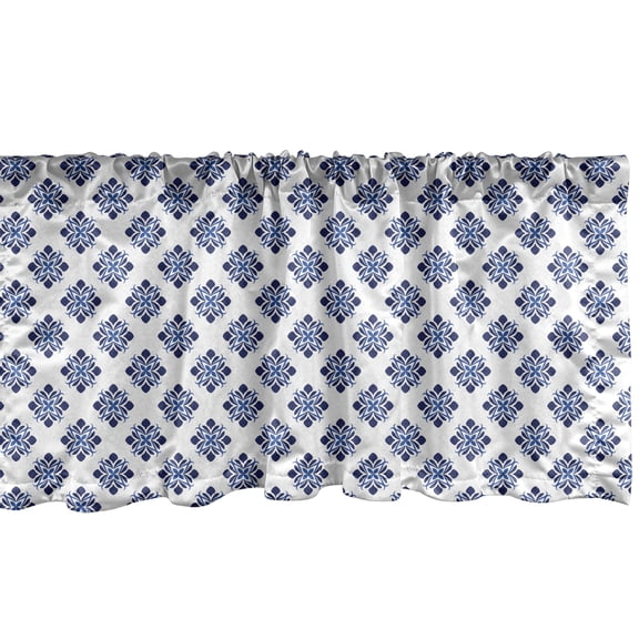 Ambesonne Spanish Tile Window Valance, Floral Mediterranean, 42" x 18", Night Blue White