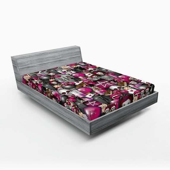 Ambesonne Spooky Emoji Fitted Sheet, Occult Halloween Print, Queen Size, Magenta Grey Off White