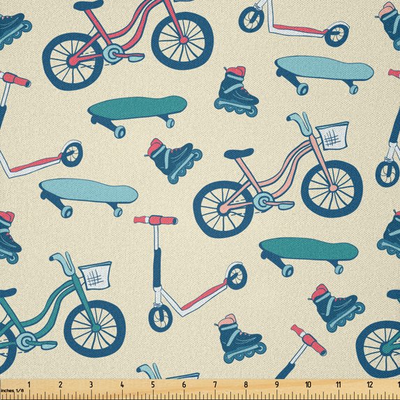 Ambesonne Sport Fabric by the Yard Microfiber, Wheeled Activity Design, 2 Yards, Blue Coral Beige