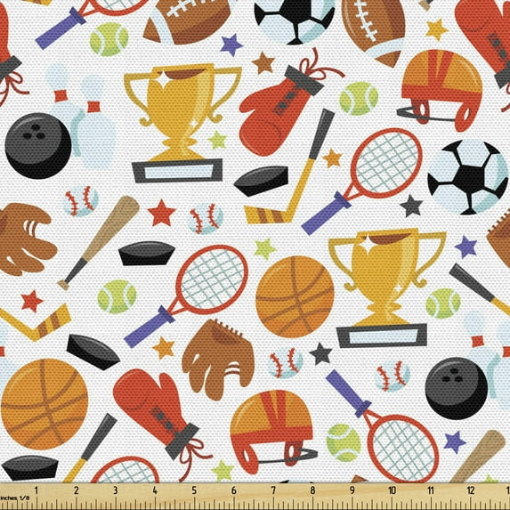 Ambesonne Sport Fabric by the Yard Upholstery, Cartoon Style Bowling, 5 Yards, Multicolor