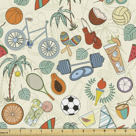 Ambesonne Sport Fabric by the Yard Upholstery, Cartoon Style Elements, 2 Yards, Multicolor