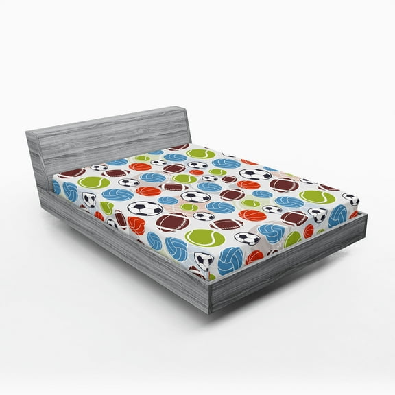Ambesonne Sport Fitted Sheet 2 Pcs Set, Basketball and Football, Full, Multicolor