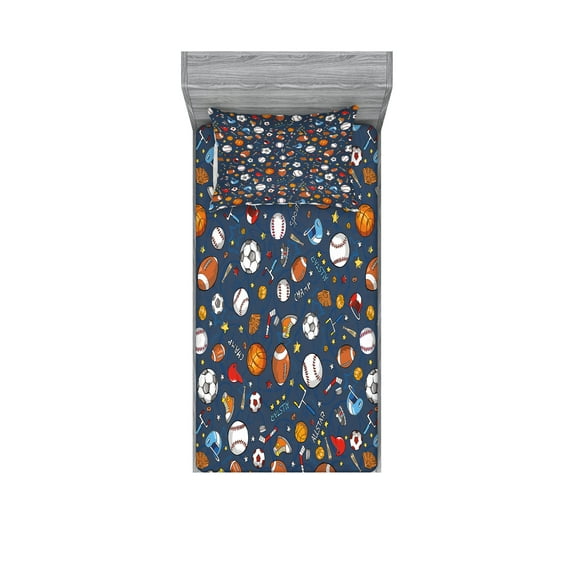 Ambesonne Sport Fitted Sheet & Pillow Sham Set, Dark Silhouette Backdrop, Twinxl, Dark Blue Multicolor
