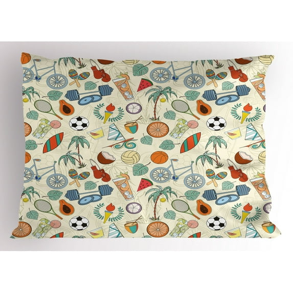 Ambesonne Sport Pillow Sham, Cartoon Style Elements, 26" X 20", Multicolor