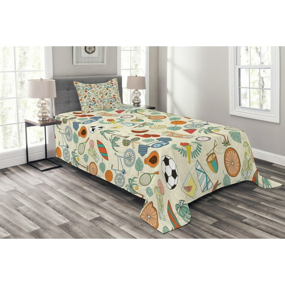 Ambesonne Sport Quilted Bedspread Set 2 Pcs, Cartoon Style Elements, Twin Size, Multicolor