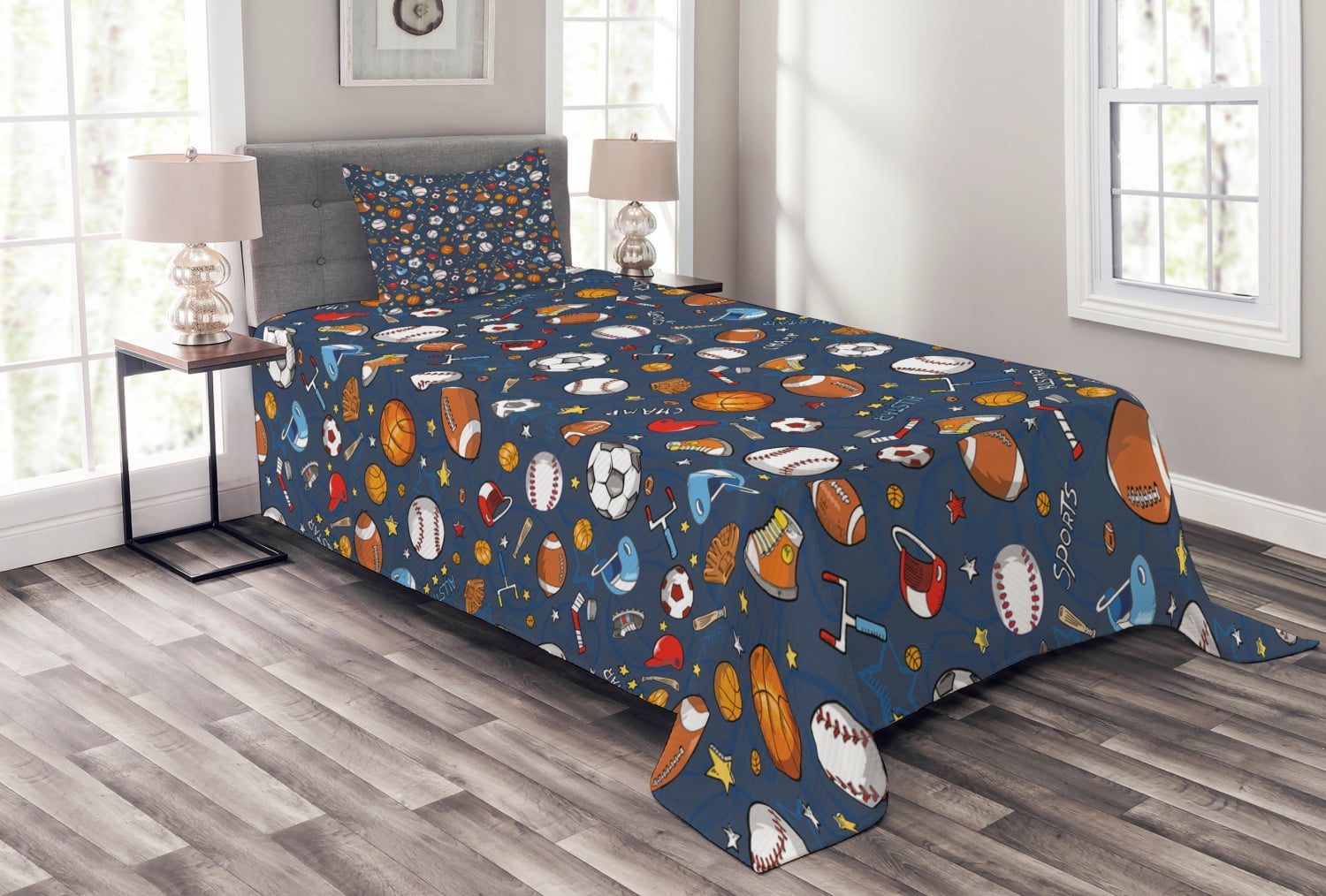 Twin Kids Sports Themed Blue Polyester Bedspread Set