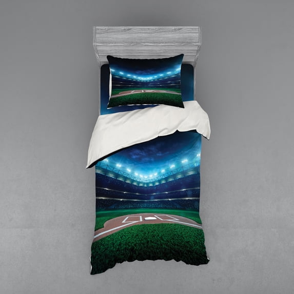 Ambesonne Sports Bedding Set 3 Pcs, Baseball Stadium Night, Twin, Green Blue