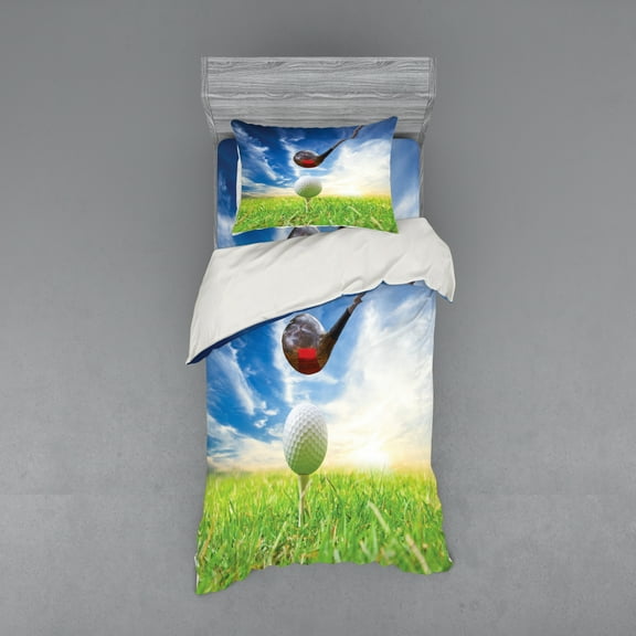 Ambesonne Sports Bedding Set 3 Pcs, Golf Club and Ball, Twin, Green Blue