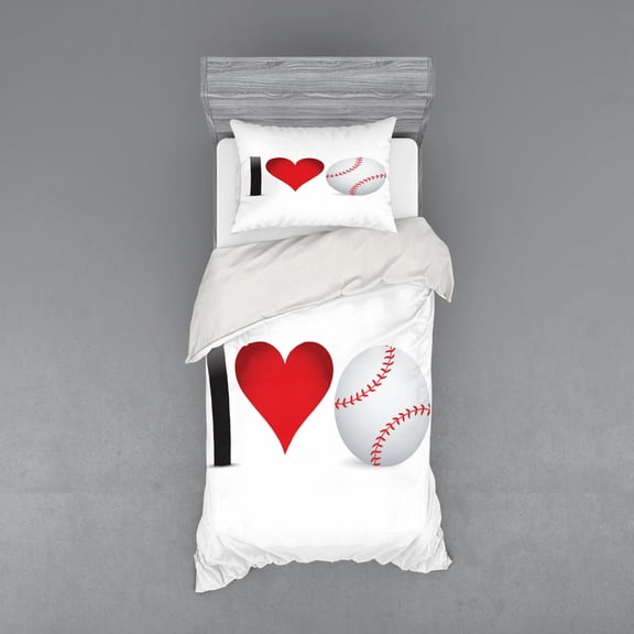 Ambesonne Sports Bedding Set 3 Pcs, I Love Baseball Heart, Twin, Red Black White
