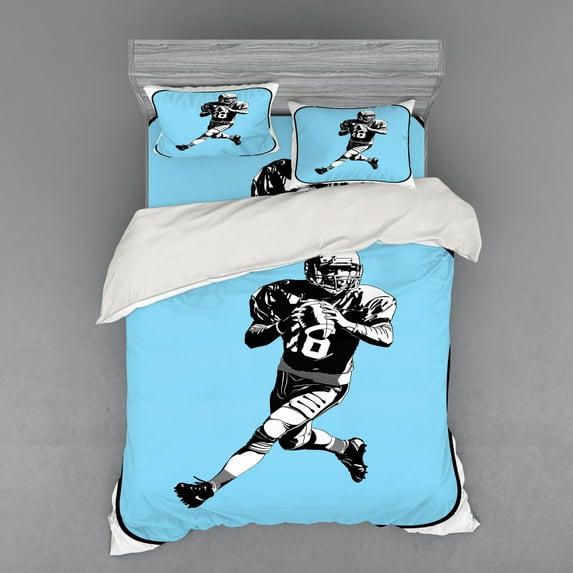 Ambesonne Sports Bedding Set 4 Pcs, American Football Retro, Queen, Blue Black White